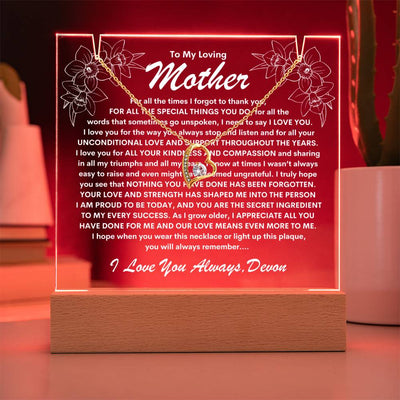 Mother Keepsake LED Lighted Acrylic Plaque With Forever Love Heart Pendant Necklace