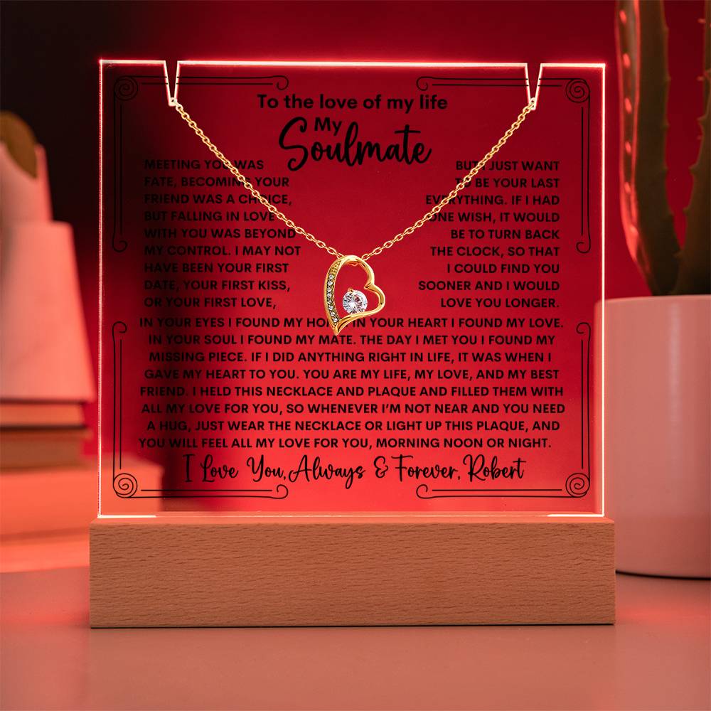 Soulmate Keepsake LED Lighted Acrylic Plaque With Forever Love Heart Pendant Necklace