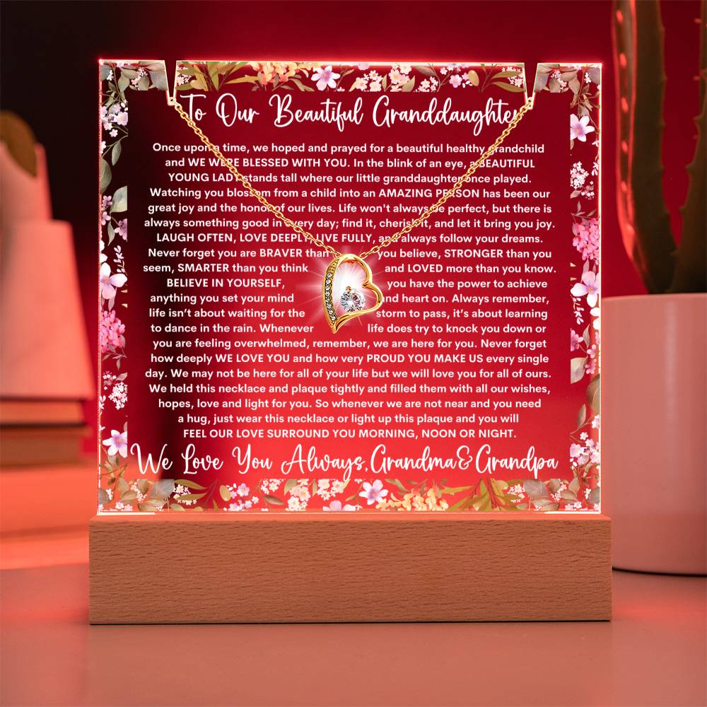 Granddaughter From Grandma & Grandpa (or just Grandma or Grandpa) Keepsake LED Lighted Acrylic Plaque & Forever Love Necklace