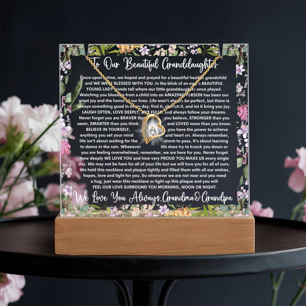 Granddaughter From Grandma & Grandpa (or just Grandma or Grandpa) Keepsake LED Lighted Acrylic Plaque & Forever Love Necklace