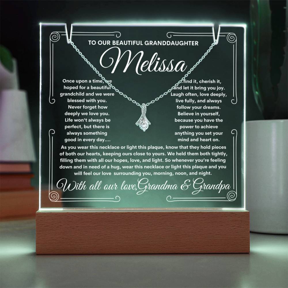 To GranddaughterFrom Grandma & Grandpa (or just Grandma or Grandpa) LED Lighted Keepsake Acrylic Plaque & Alluring Beauty Necklace