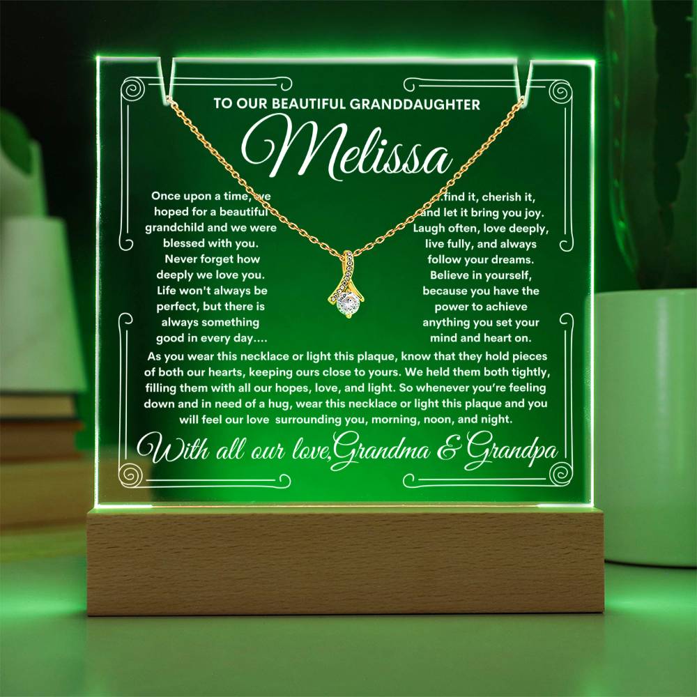 To GranddaughterFrom Grandma & Grandpa (or just Grandma or Grandpa) LED Lighted Keepsake Acrylic Plaque & Alluring Beauty Necklace