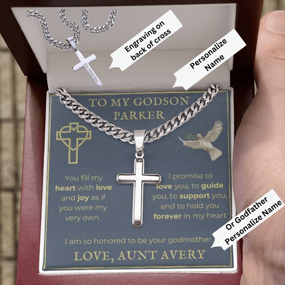 Personalized Godson Cuban Chain with Engravable Artisan Cross Necklace