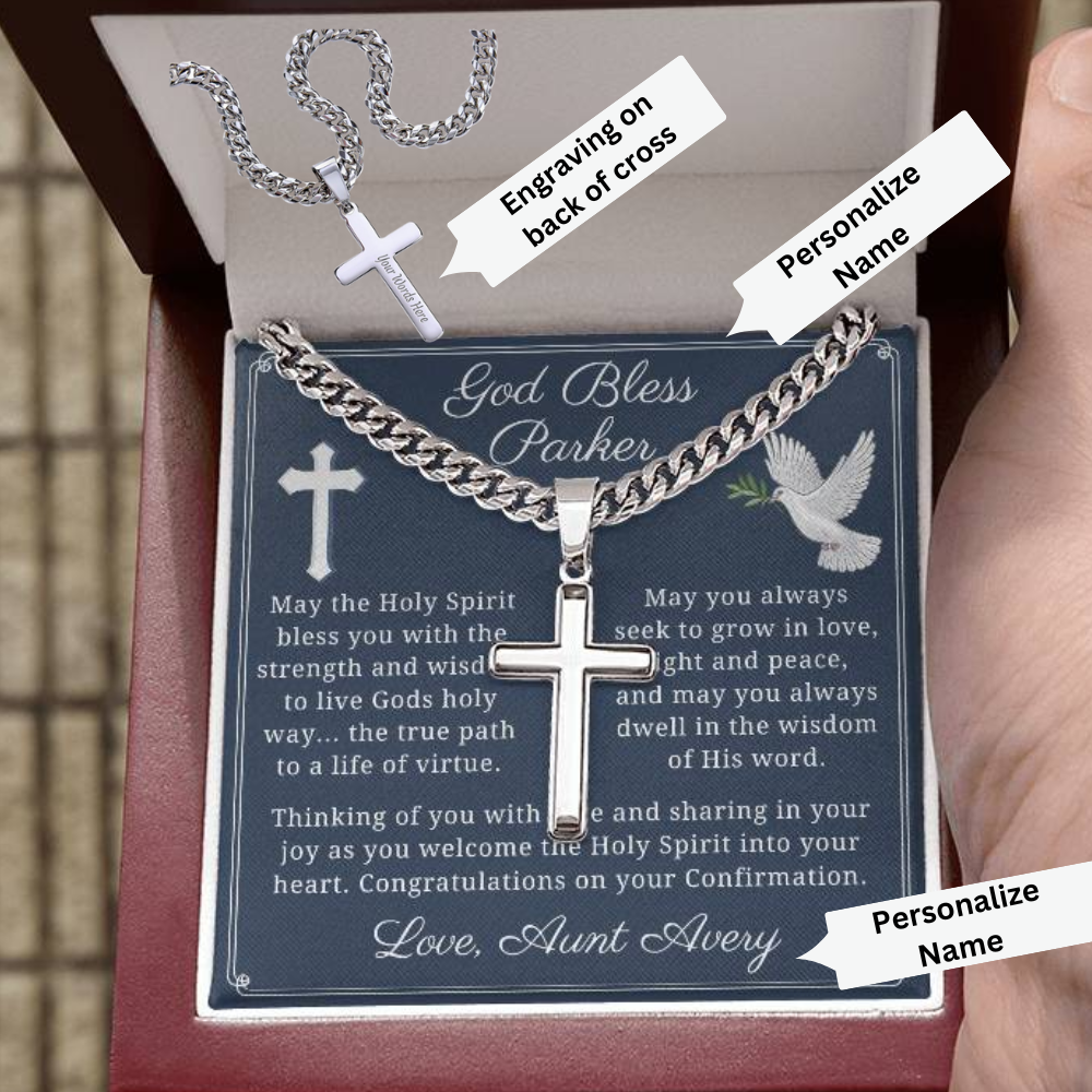 Personalized Confirmation Cuban Chain with Engravable Artisan Cross Necklace