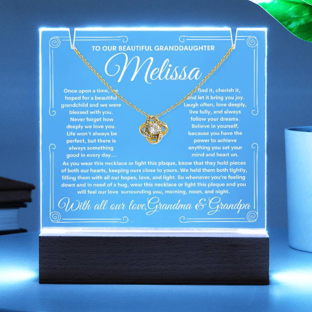 To Granddaughter From Grandma & Grandpa (or just Grandma or Grandpa) LED Lighted Keepsake Acrylic Plaque & Love Knot Necklace