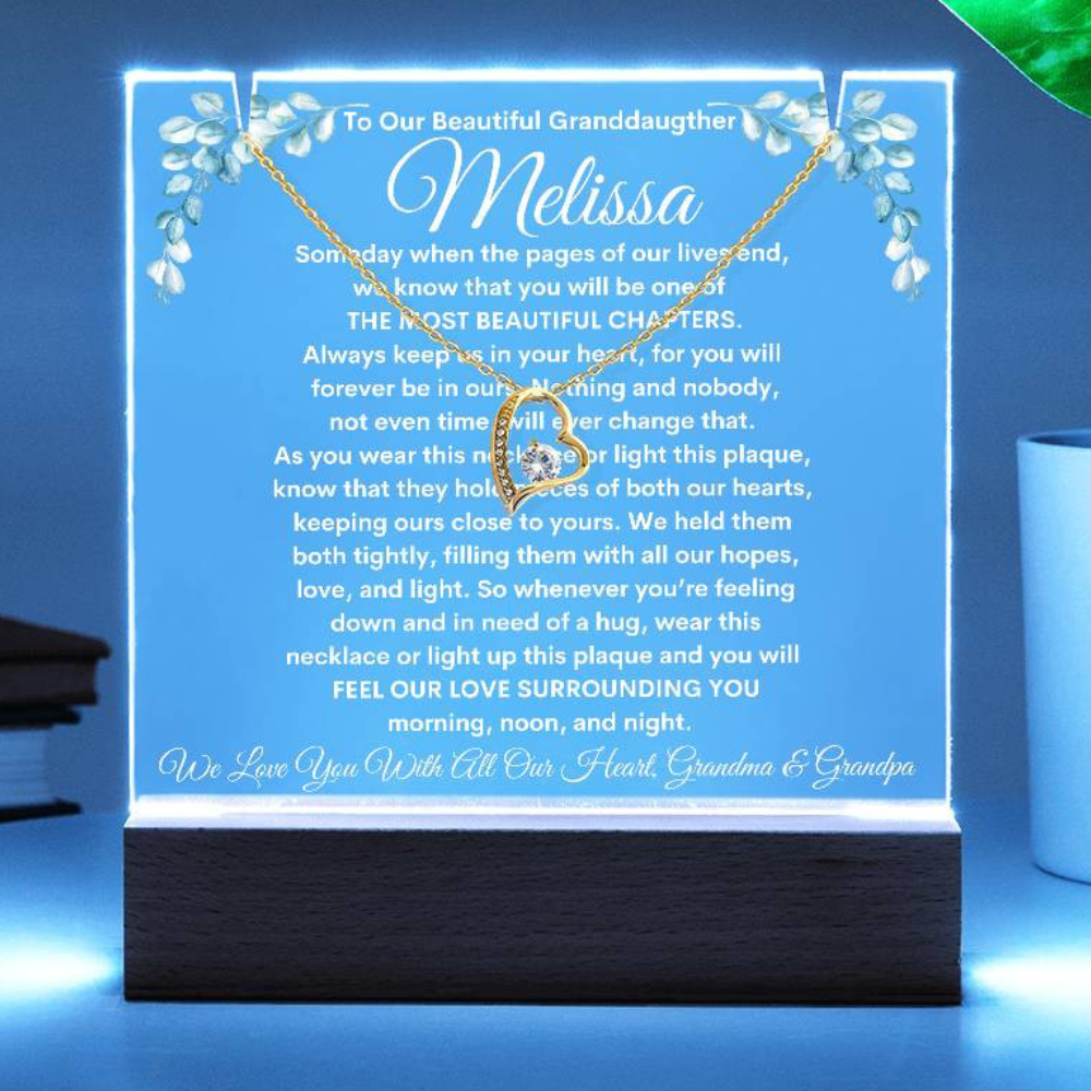 To Granddaughter From Grandma & Grandpa (or just Grandma or Grandpa) LED Lighted Keepsake Acrylic Plaque & Forever Love Necklace