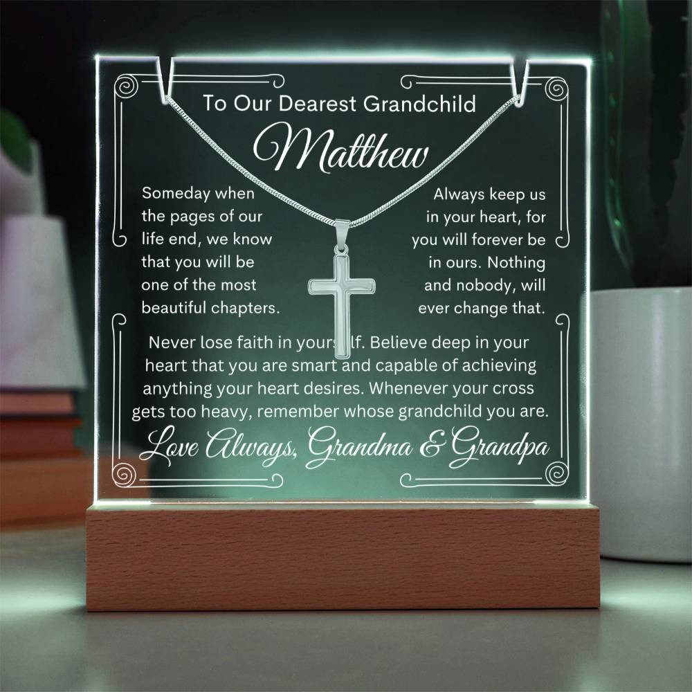 To Grandchild From Grandma or Grandpa or Both Lighted Acrylic Plaque With Cross Necklace