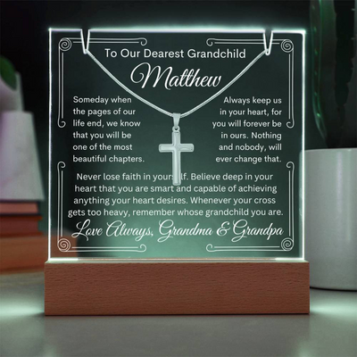 To Grandchild From Grandma or Grandpa or Both Lighted Acrylic Plaque With Cross Necklace