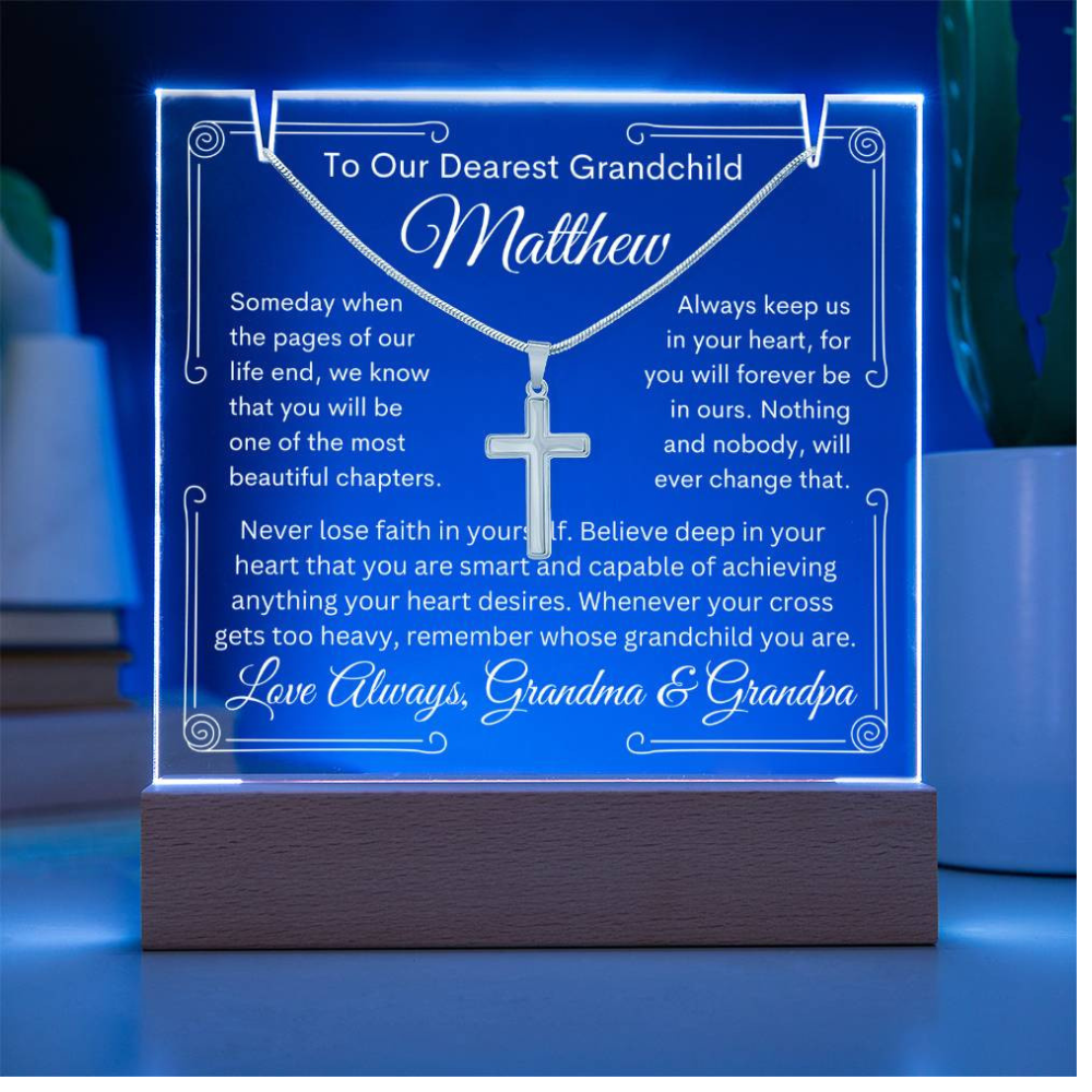 To Grandchild From Grandma or Grandpa or Both Lighted Acrylic Plaque With Cross Necklace