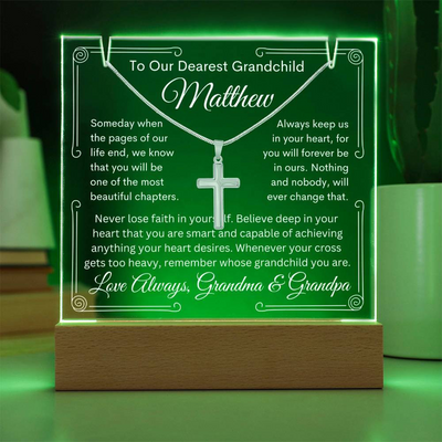 To Grandchild From Grandma or Grandpa or Both Lighted Acrylic Plaque With Cross Necklace