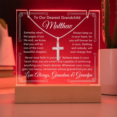 To Grandchild From Grandma or Grandpa or Both Lighted Acrylic Plaque With Cross Necklace