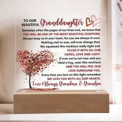 Granddaughter From Grandma & Grandpa (or just Grandma or Grandpa) Keepsake LED Lighted Acrylic Plaque And Love Knot Necklace