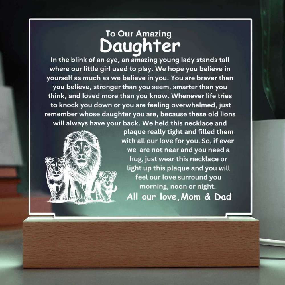 Daughter From Mom & Dad (or just Mom or Dad) Keepsake LED Lighted Acrylic Plaque And Love Knot Necklace