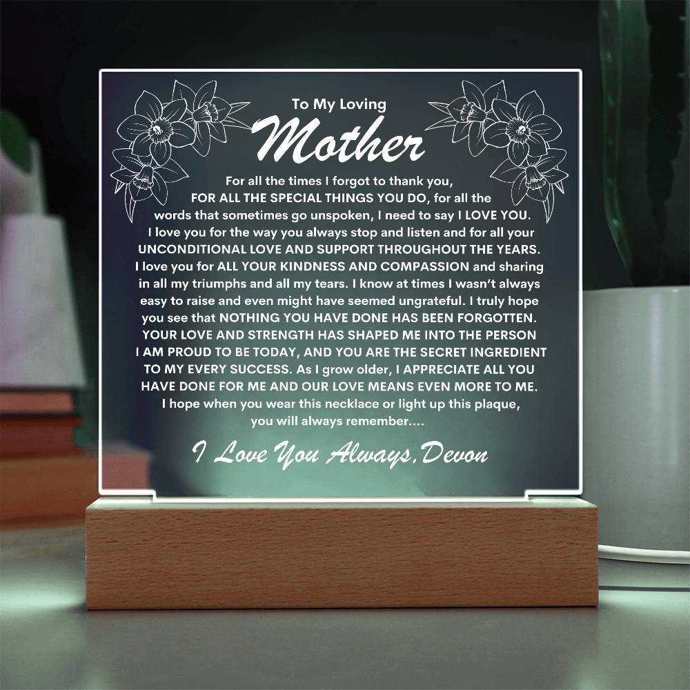 Mother Keepsake LED Lighted Acrylic Plaque With Forever Love Heart Pendant Necklace