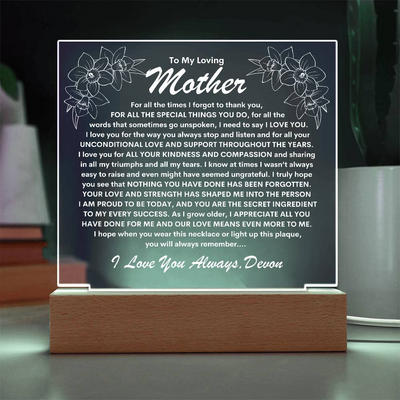 Mother Keepsake LED Lighted Acrylic Plaque With Forever Love Heart Pendant Necklace