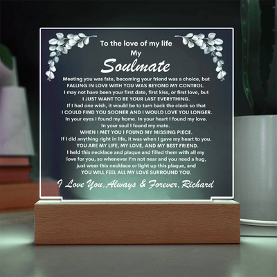 Soulmate Keepsake LED Lighted Acrylic Plaque With Love Knot Pendant Necklace