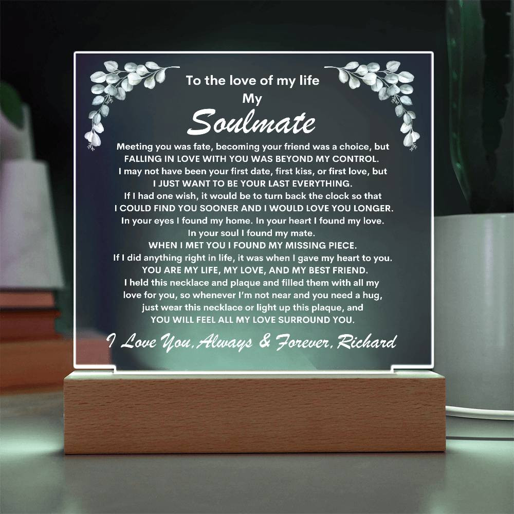 Soulmate Keepsake LED Lighted Acrylic Plaque With Alluring Beauty Necklace