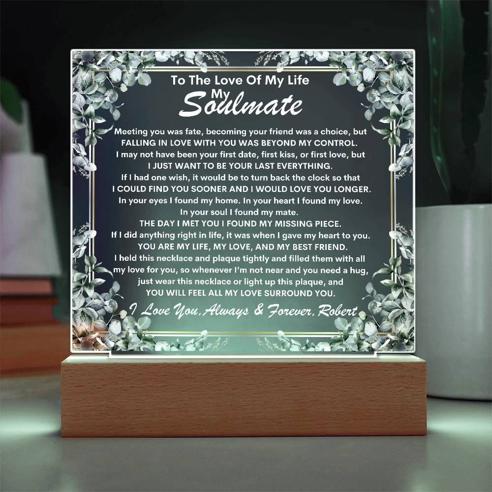 Soulmate Keepsake LED Lighted Acrylic Plaque With Alluring Beauty Pendant Necklace