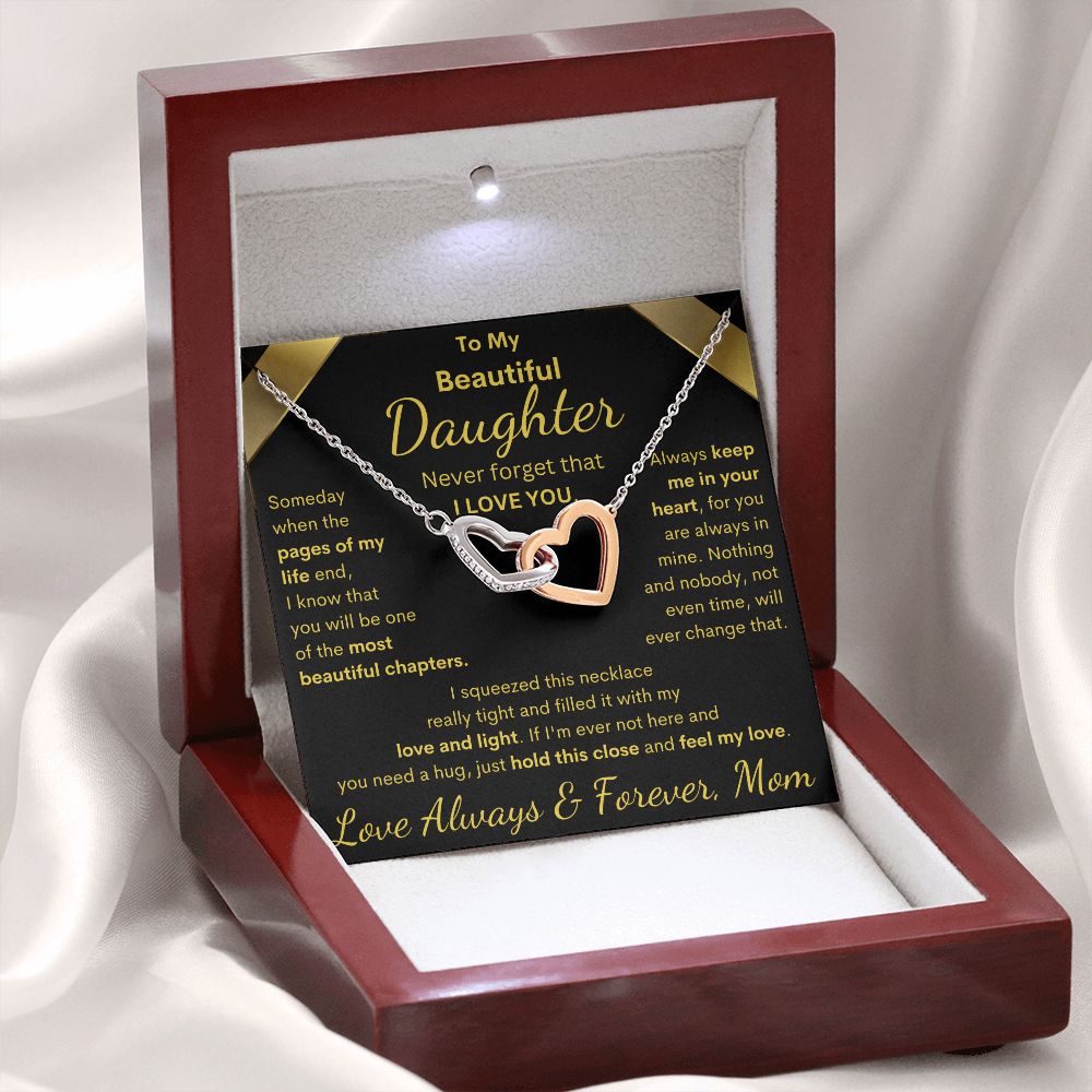 Daughter from Mom, Pages Of My Life, Interlocking Hearts Necklace, Birthday, Holiday