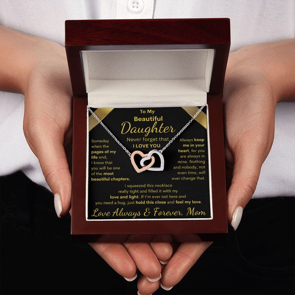 Daughter from Mom, Pages Of My Life, Interlocking Hearts Necklace, Birthday, Holiday